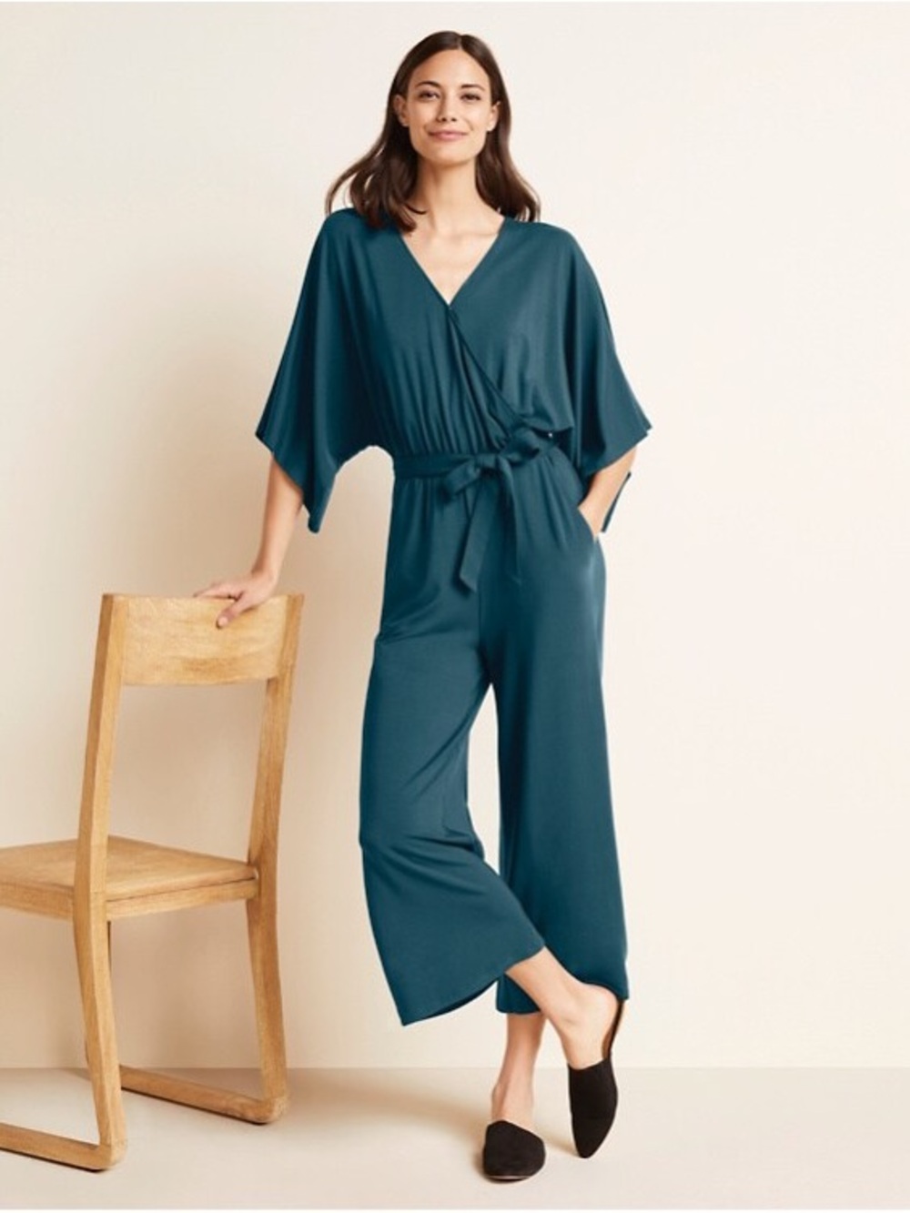 Garnet Hill Kimono Sleeve Knit Jumpsuit with Tie Waist